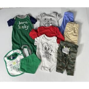 Lot of 9 Baby Boys 0-3 Bodysuits, Top & Bottoms St. Patrick’s Camo Bear Dog